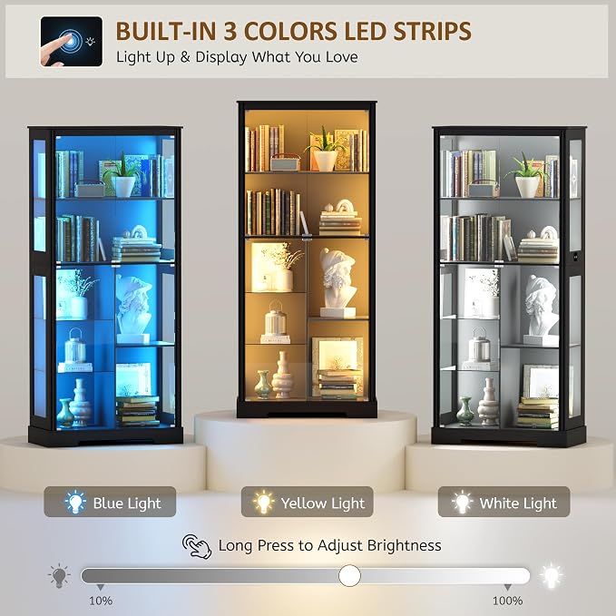 71” Display Cabinet with Glass Doors, Modern Curio Cabinet with 3 Color Lights - Image 3