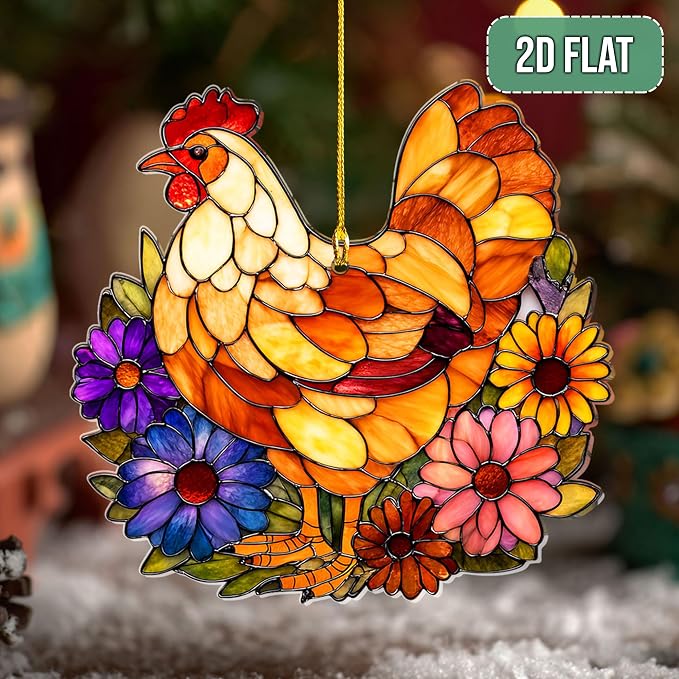 2D Flat Faux Stained Glass Chicken Acrylic Christmas Ornament, Hen Ornaments - Image 2