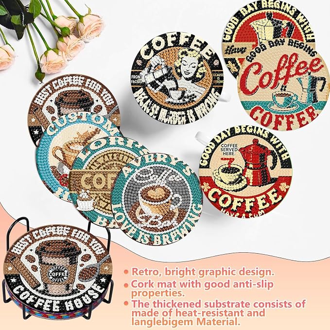 Benjenes 8 PCS Coffee Diamond Art Coasters Kits | Diamond Paintings Coasters - Image 5