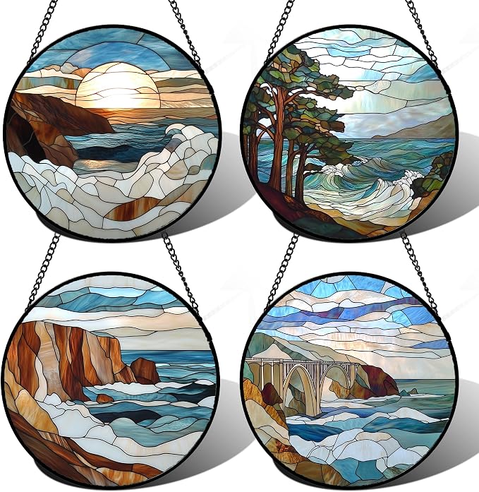 DASTOLL Stained Glass Window Hanging 4 Pcs Set Ocean Waves Large 15" by DASTOLL