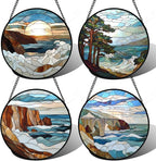 DASTOLL Stained Glass Window Hanging 4 Pcs Set Ocean Waves 7.8" by DASTOLL