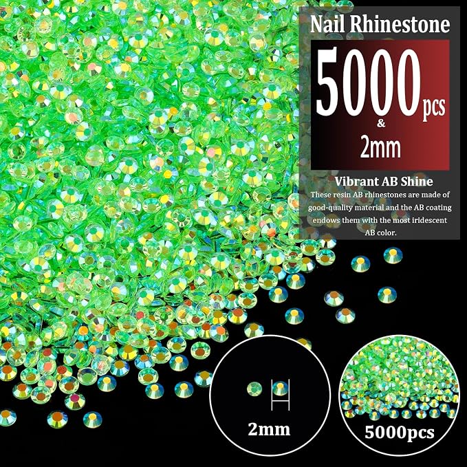 5000pcs 2mm Resin Rhinestones Bulk, Transparent Grass Green AB Flatback Round - Image 2