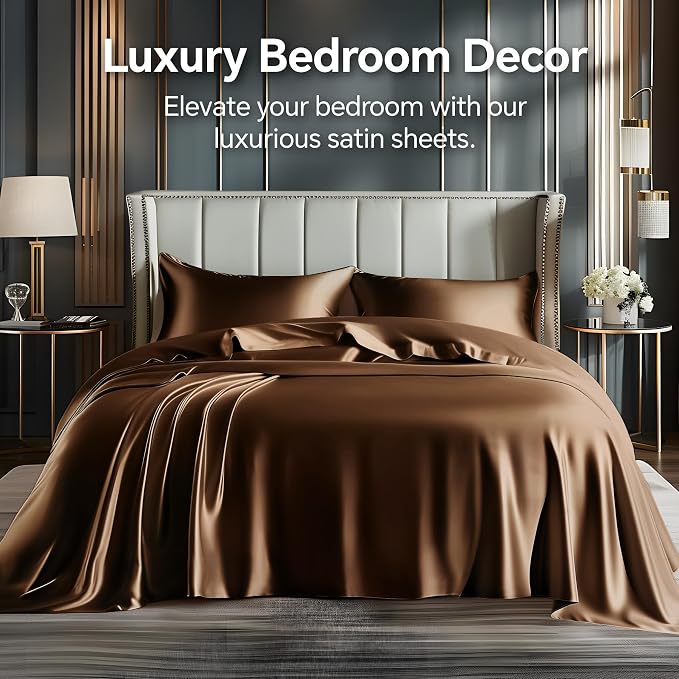 BEDELITE Satin Sheets Twin Size Bed Set, Luxury Soft Brown Silky Sheets - Image 2