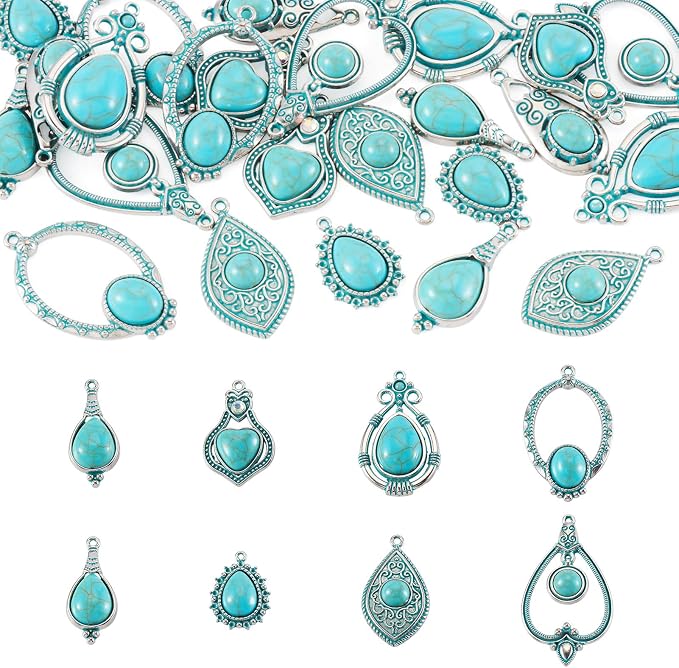 24Pcs Tibetan Style Turquoise Charms 8 Styles Heart Teardrop Oval Vintage by Craftora