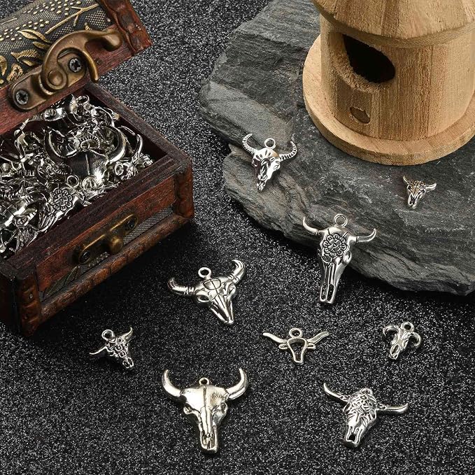 DanLingJewelry 100Pcs 10 Styles Antique Silver Cow Charms Western Cattle Head - Image 4