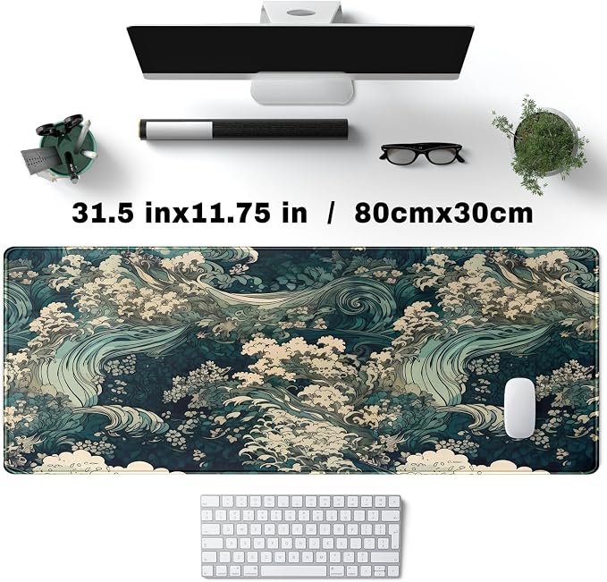 Japanese Large Mouse Pad Gaming Sea Wave Desk Pad Blue Sea Flower Art - Image 4