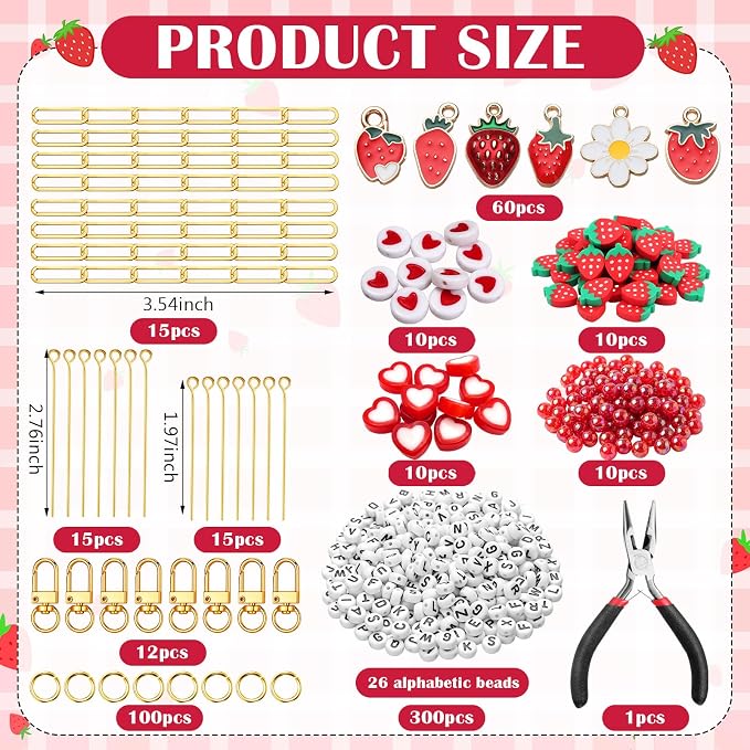 CraftyDream 558 Pcs Strawberry Charms Keychain Making Kit Strawberry Beads DIY - Image 2