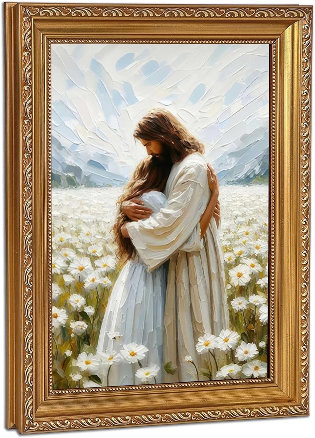 Vintage Gold Framed Jesus Wall Art Jesus Hugging Girl Wall Decor God Embracing by Unknown