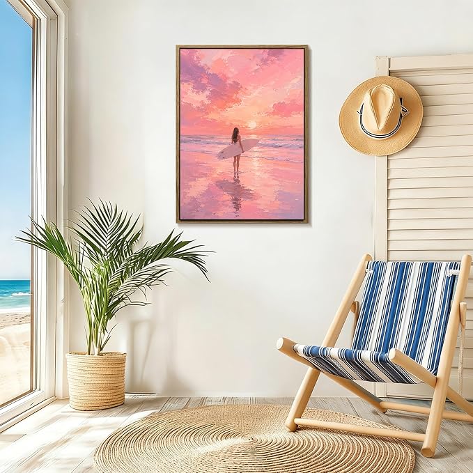 Framed Pink Sunset Surfer Girl Canvas Wall Art Soft Pastel Beach Seascape - Image 3