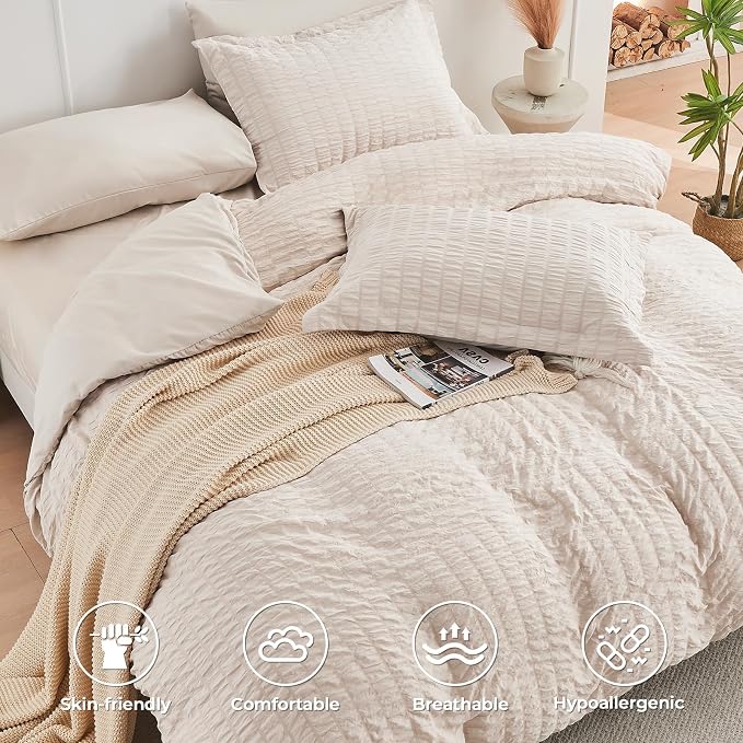 HYMOKEGE Beige Duvet Cover Queen Size, Ultra Soft 3-Piece Seersucker Duvet - Image 2