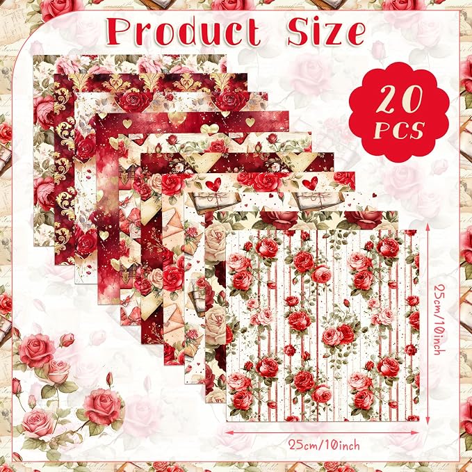 HunnmingRe 20 Pcs 10''x10'' Vintage Valentines Quilting Fabric Square Bundle - Image 2
