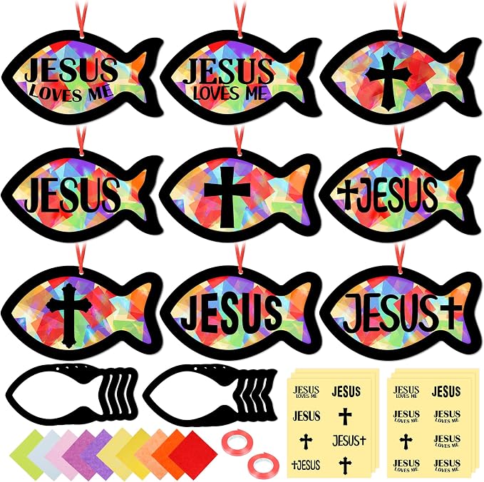 48PCS Sunday School VBS Crafts Bulk: Paper Jesus Fish Nativity Suncatchers by Renbuzhu