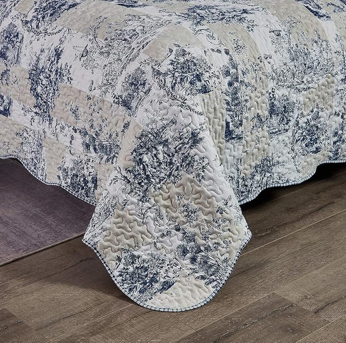Brilliant Sunshine Blue Toile in Beige and Ivory Patches, 2-Piece Quilt Set - Image 5
