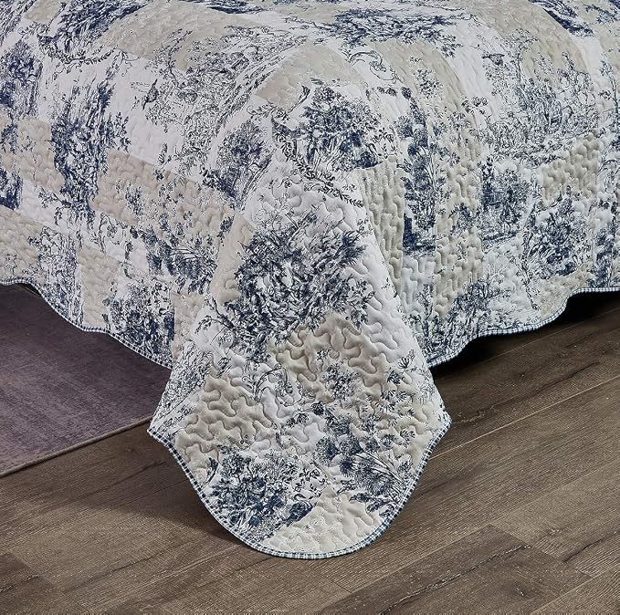 Brilliant Sunshine Blue Toile in Beige and Ivory Patches, 3-Piece Quilt Set - Image 5