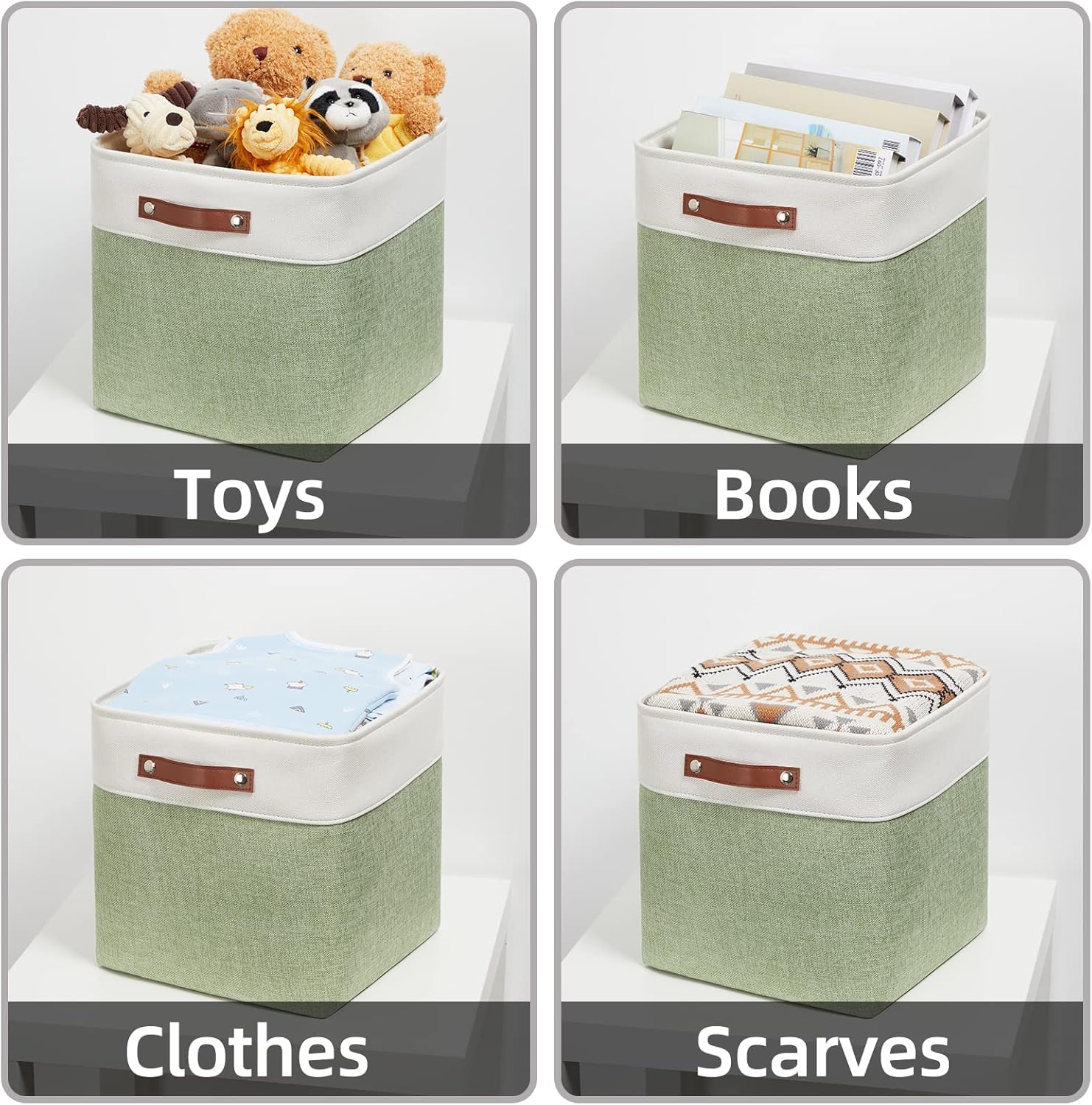 HNZIGE Foldable Storage Cubes & Baskets (3 Pack) - 13 Inch Storage Bin with Leather Handles for Toys, Clothes, Kids (White & Green)