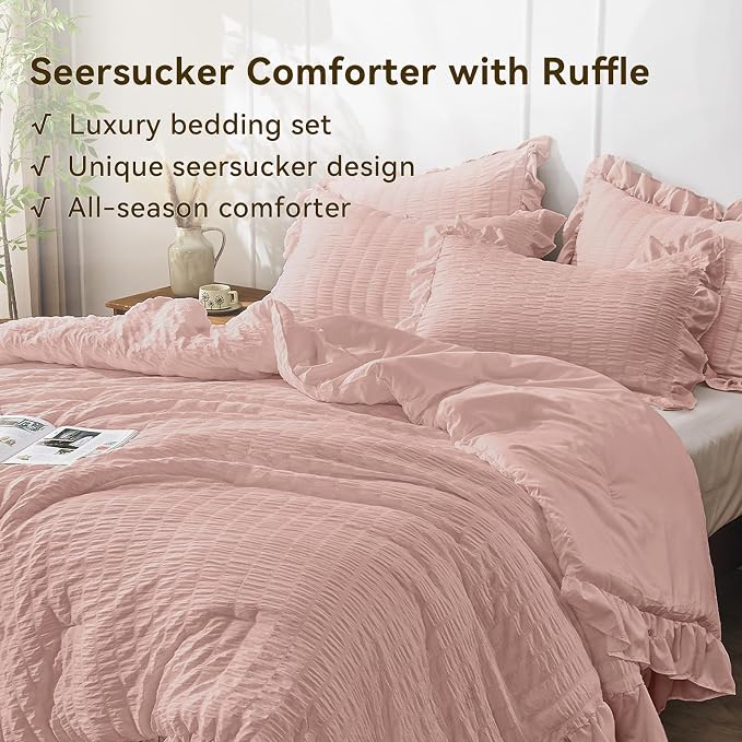 JOLLYVOGUE King Size Comforter Set, 3 Pieces Rose Gold Seersucker Comforters - Image 3