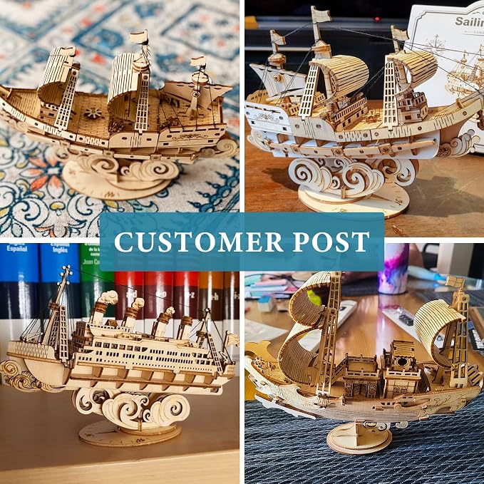 RoWood 3D Wooden Puzzle for Adults, Vintage Wooden Watercraft Model Sailboat - Image 2