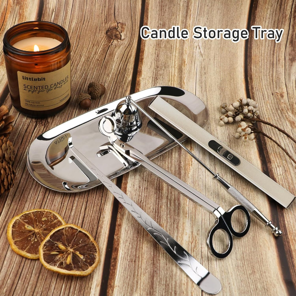 5 in 1 Candle Accessory Set, Candle Wick Trimmer Cutter, Candle Snuffer & Candle Wick Dipper,USB Rechargeable Lighter, Storage Tray Plate for Candle Lover Mom Gift, Candle Care Kit (Silver)