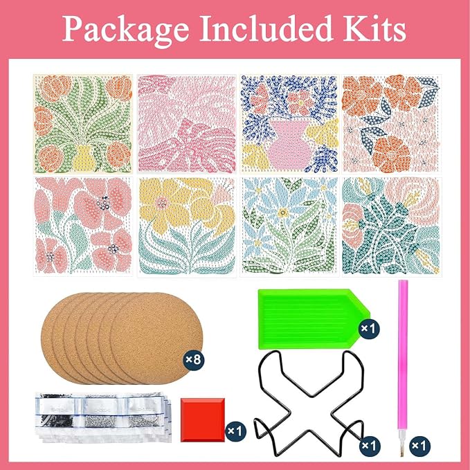 Gemozaic 8PCS Flowers Diamond Art Coasters Kits, Simple Floral Diamond Painting - Image 6