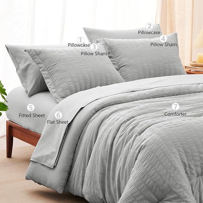 CozyLux Full Bed in a Bag Light Grey Seersucker Textured Comforter Set - Image 8