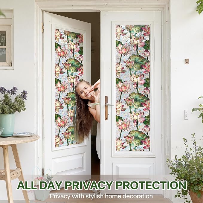 Stained Glass Window Film, Lotus Floral Privacy Film - Image 2