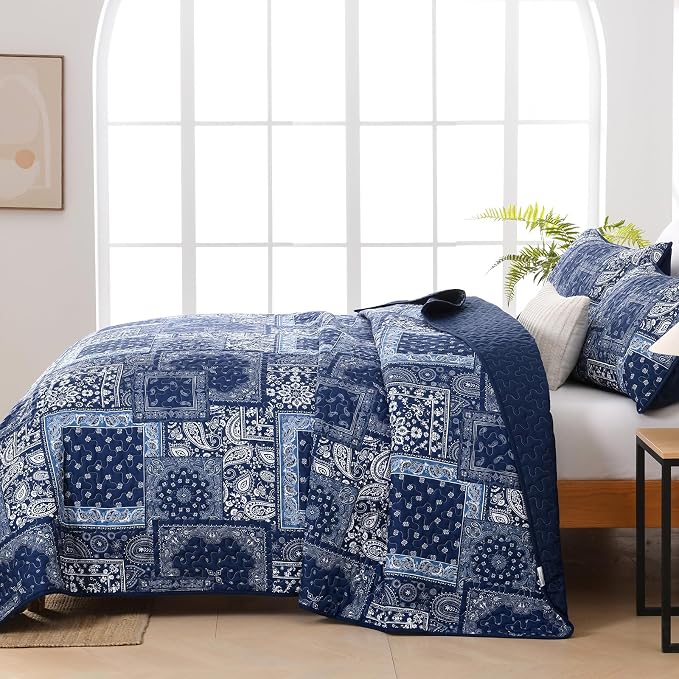 Cottolester Blue Patchwork Quilt Set Queen Size, Boho Navy Blue Quilt Set - Image 6