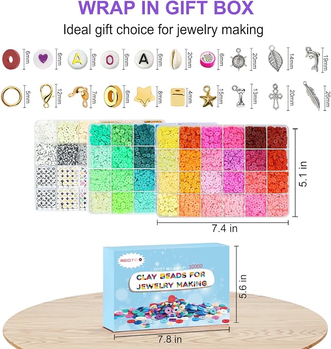 Redtwo 10000 Pcs Clay Beads Bracelet Making Kit, 3 Boxes 60 Colors Flat Preppy - Image 4