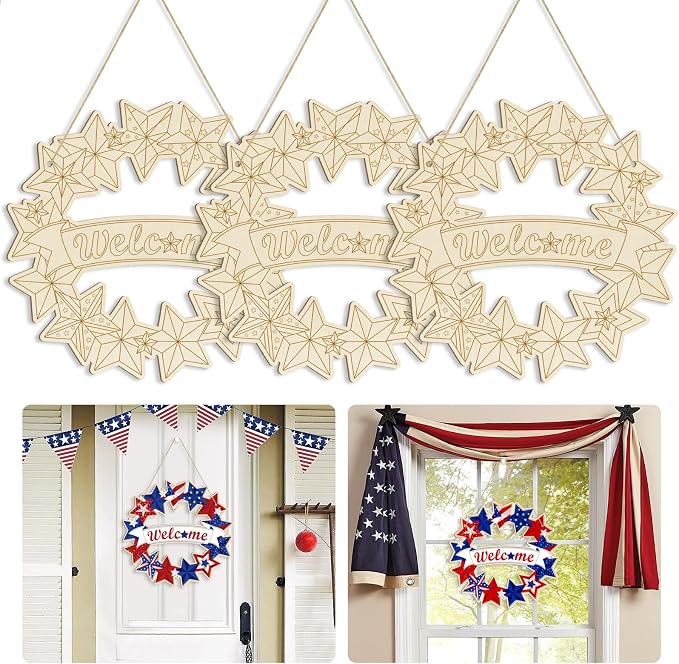 Large 12" Wooden 4th of July Crafts Star Ornaments to Paint, DIY Blank by Sophena