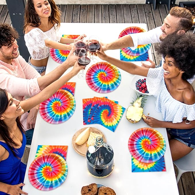 48Pcs 9In Tie Dye Plates and Napkins Rainbow Tie Dye Birthday Party Decorations - Image 7