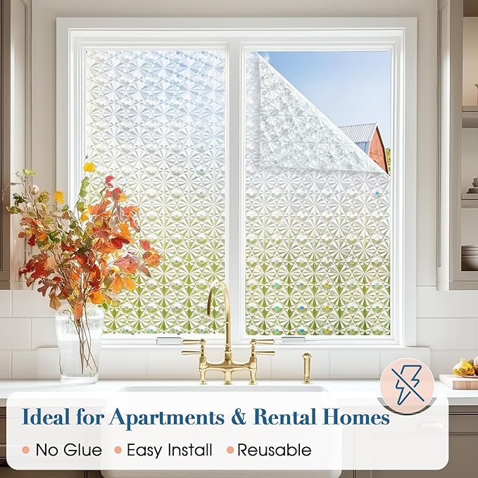 Windimiley Frosted Glass Window Privacy Film, 3D Diamond, 17.5" x 78.7" | - Image 3
