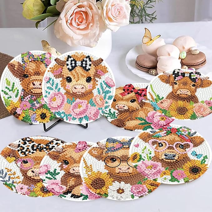 8 Pack Diamond Art Coasters, Highland Cow Diamond Painting Coasters Kits | Cow - Image 5