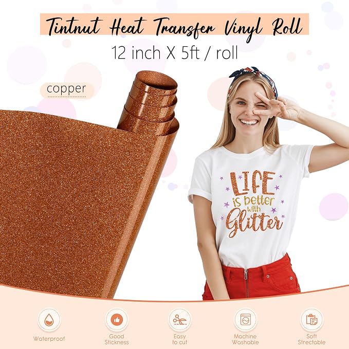 Tintnut Copper Gold Glitter Heat Transfer Vinyl Roll, easy cut & weed, stretch - Image 2
