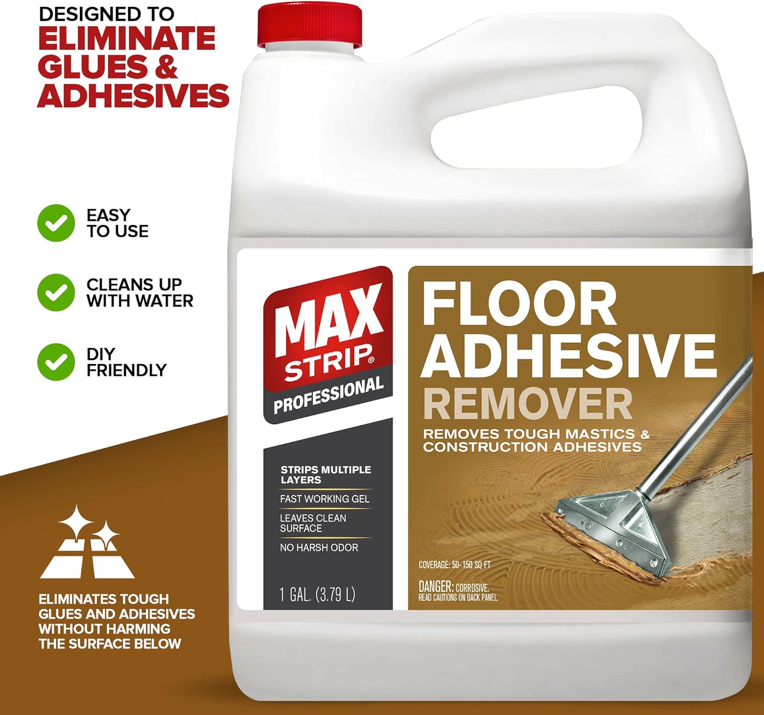 Max Strip Floor Adhesive Remover - 1 Gallon - Professional Fast Working Gel Strips Multiple Layers - Removes Tough Mastics and Construction Adhesives - No Harsh Odor Leaves Surface Clean