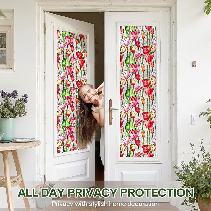Stained Glass Window Film UV Resistant Window Privacy Film Red Floral Privacy - Image 3