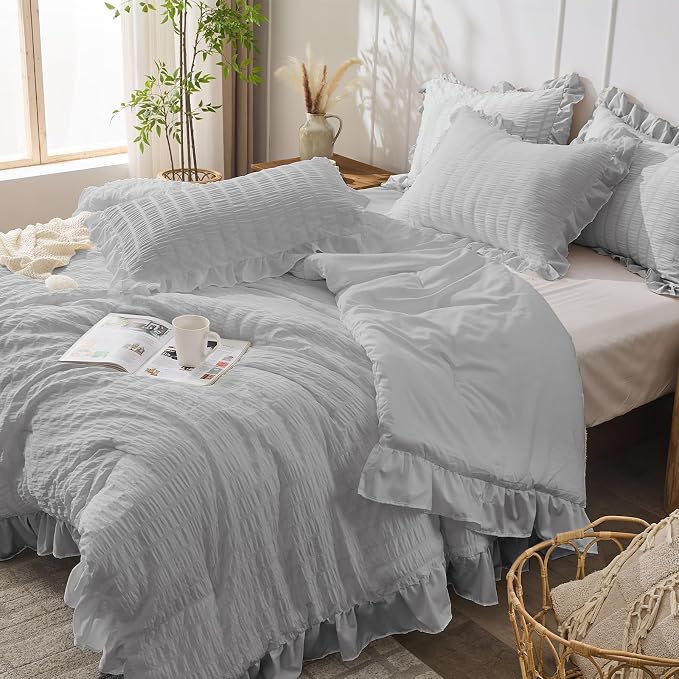 JOLLYVOGUE Light Grey Queen Comforter Set, 3 Pieces Seersucker Comforters Queen - Image 8