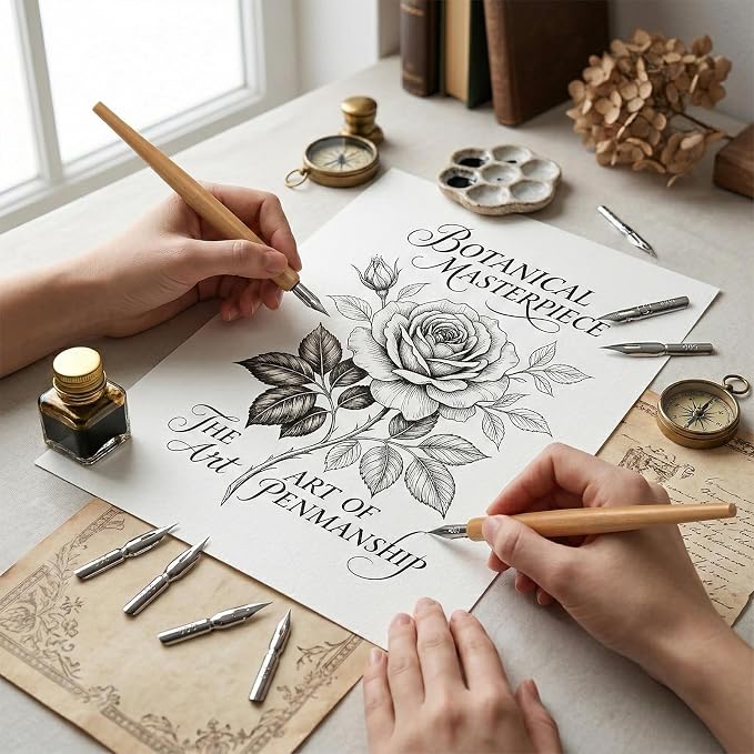 2 Pack Dip Pen Set, Oblique Calligraphy Pen Nib Set, Wooden Calligraphy Drawing - Image 6