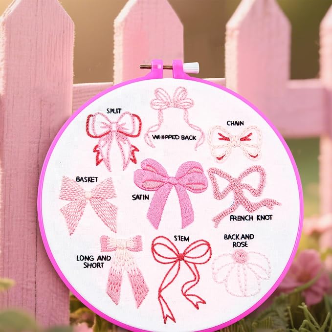 Pink Bowknot Embroidery Kits for Beginners Adults, Cute Hand Embroidery Starter - Image 2