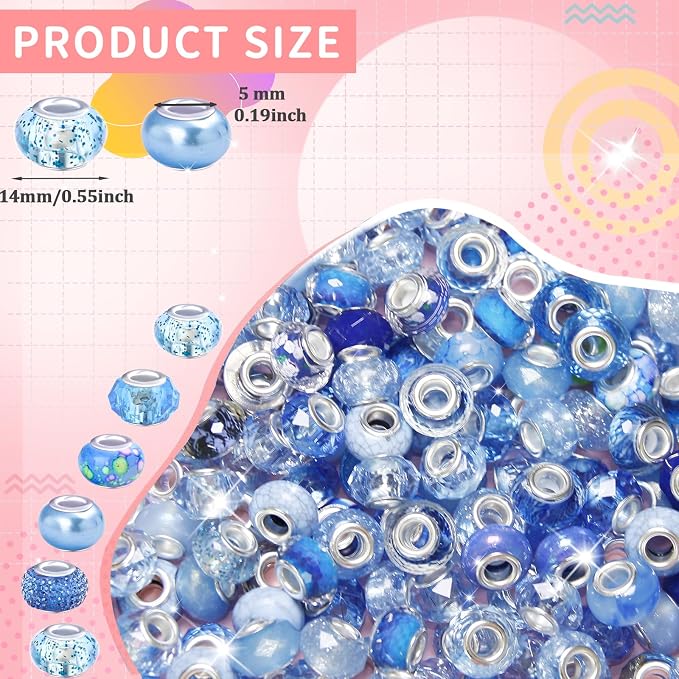 60Pcs Large Hole Beads Spacer Beads Blue Assorted European Craft Big Beads - Image 2