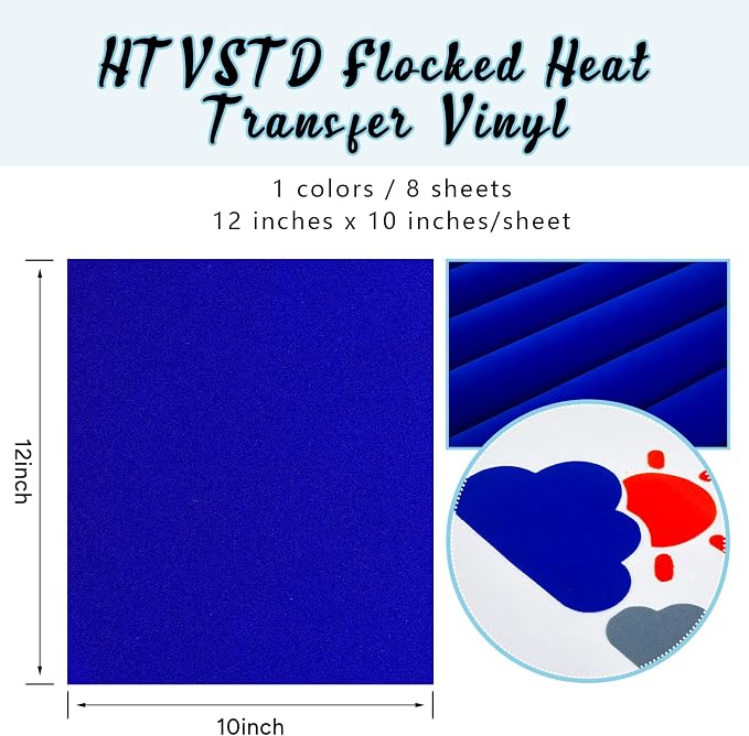 HTVSTD Blue Flock HTV Heat Transfer Vinyl 8 Sheets 12×10in Iron on Vinyl | - Image 2