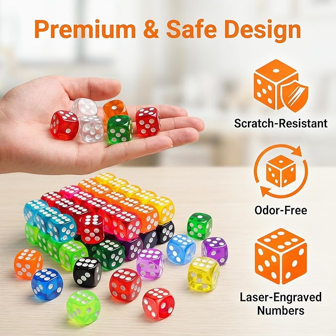 50 Pack Colorful Dice Set 6 Sided Acrylic Dice Standard Dice Translucent - Image 2