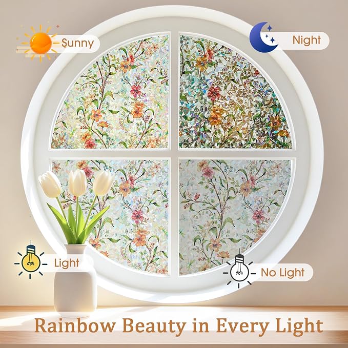Coavas Stained Glass Window Film, 3D Rainbow Floral, 23.6" x 78.7" | Decorative - Image 8
