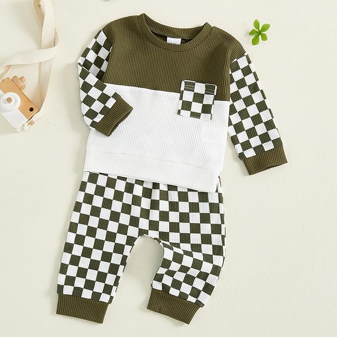 Toddler Baby Boy Fall Clothes Waffle Outfit Long Sleeve Color Blocking Sweatshirt Pullover Jogger Pant Set