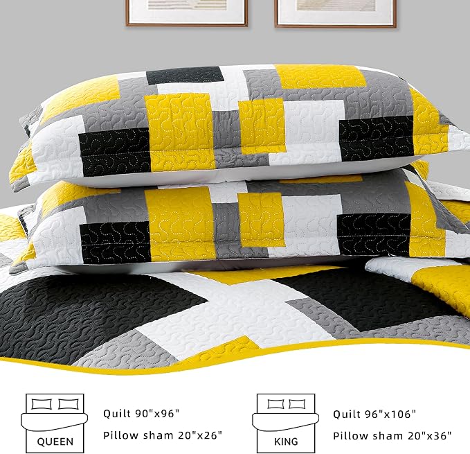Tyrot 3 Piece Yellow Grey Quilt Set Full/Queen Size Yellow Gray White Geometric - Image 7