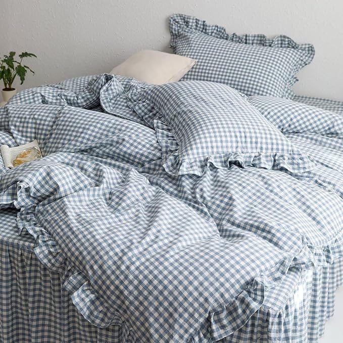 MKXI Blue and White Gingham Duvet Cover Queen Size, 3-Piece Bedding Set by MKXI