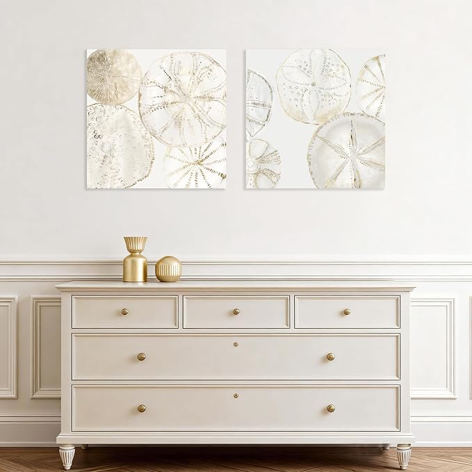 2 Pieces Coastal Wall Art Sea Shell Sand Dollar Painting Modern Abstract Gold - Image 5