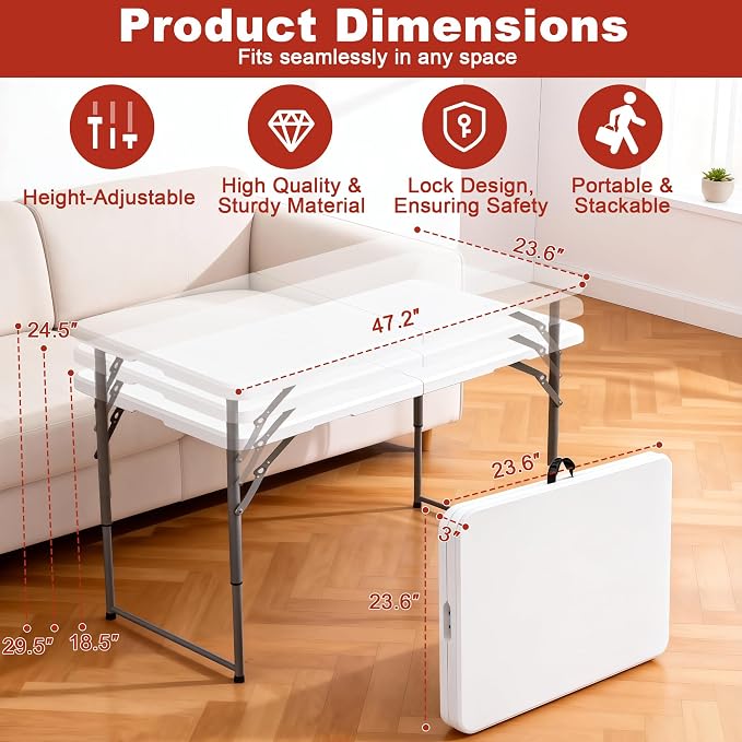 Elevon Folding Table Set of 2, 4 Feet Heavy Duty Fold-in-Half Utility Table - Image 2