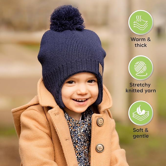 Baby Beanies, Baby Hats for Boys, Girls - Cute Toddler Winter Hat, Soft & Stretchy Beanies for Infant, Newborn 0-6 Months, Cozy & Warm with Earflap Muff & Pom (Navy, S)