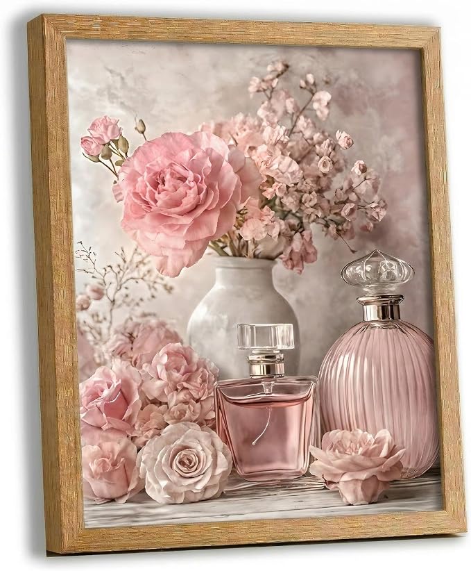 REWBKFIM Pink Floral Canvas Wall Art Vintage Perfume Bottle Rose Flower by Unknown