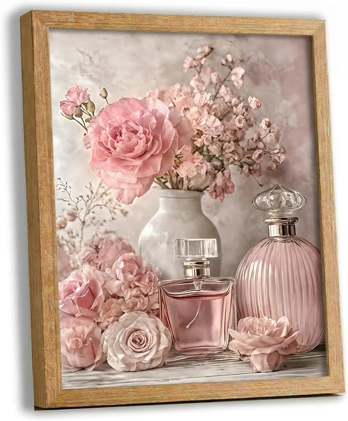 REWBKFIM Pink Floral Canvas Wall Art Vintage Perfume Bottle Rose Flower by Unknown