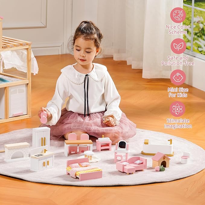 ROBOTIME Wooden Dollhouse Furniture Set, Dollhouse Accessories and Pretend Play - Image 8